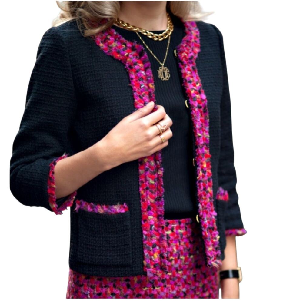 Kate Spade Black Evening Jacket D214 Black /Multi Trim Holiday Collarless Sz 12